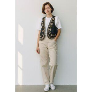 Karen Kane Women's Embroidered Black Denim Vest With Floral Design Size S 100% C